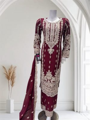 D22 Party Chiffon Plazzo Maroon