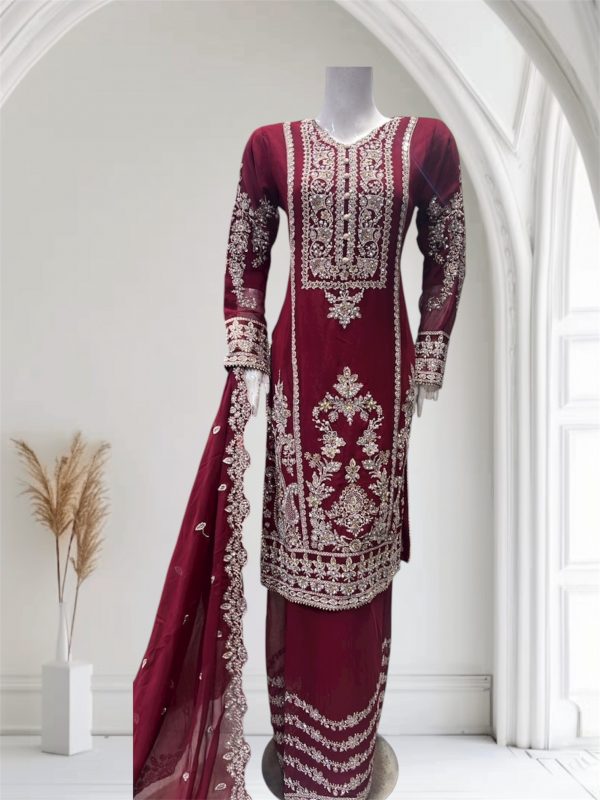 D23 Party Chiffon Plazzo Maroon